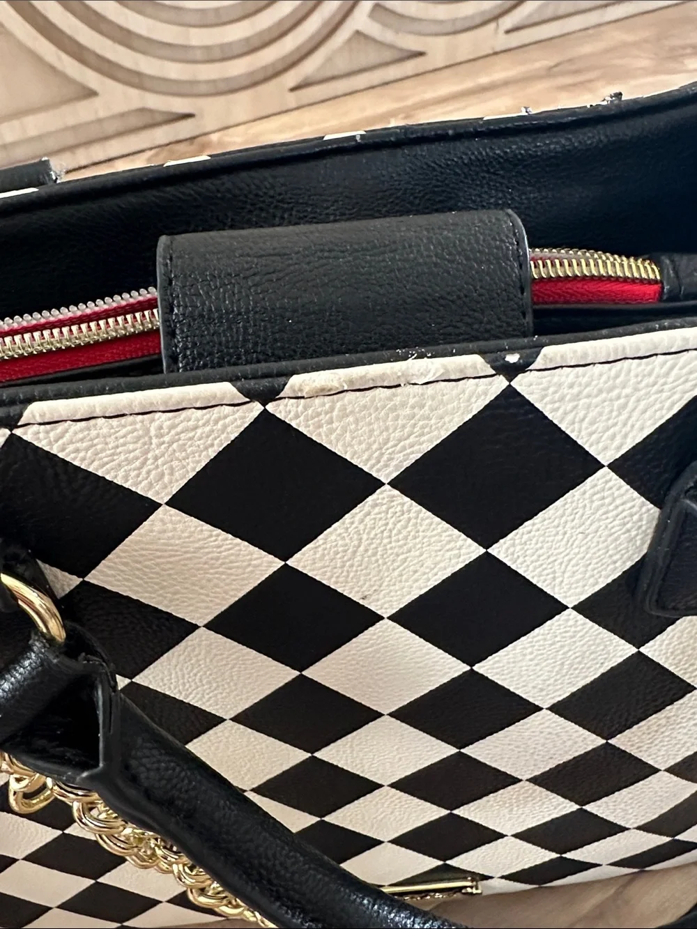 Betsey Johnson Black & White Checker Satchel with Red Sequin Bow